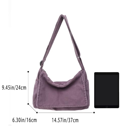 Canvas Messenger Bag Large Messenger Bags for Women Men Casual Canvas Crossbody Shoulder Bag with Multiple Pockets - color: Purple