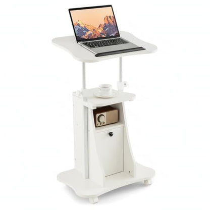 Tangkula Mobile Laptop Podium, Height Adjustable Sit to Stand Desk with Tilting Desktop & Storage Cabinet, Ergonomic Rolling Lectern Cart Laptop Desk, Office Podium Stand on Wheels - color: White, size: 21.5" x 15.5" x 45"