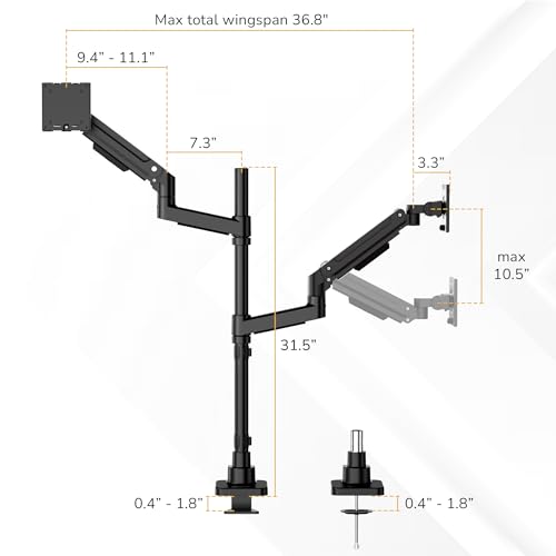 Mount-It! Dual Ultrawide Monitor Desk Mount for 17–49” Screens, Height-Adjustable Stacking Arms with Pole, Heavy Duty Gas Spring, Full Motion, VESA 75/100, Clamp or Grommet