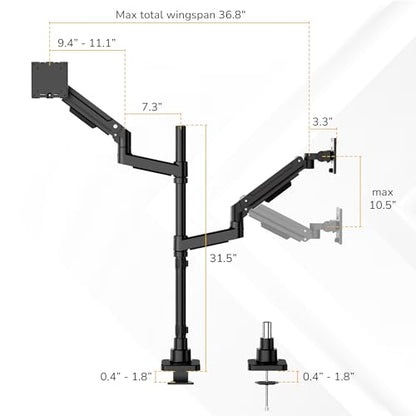 Mount-It! Dual Ultrawide Monitor Desk Mount for 17–49” Screens, Height-Adjustable Stacking Arms with Pole, Heavy Duty Gas Spring, Full Motion, VESA 75/100, Clamp or Grommet