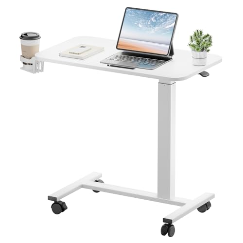 GTPLAYER Small Standing Desk with Lockable Wheels, Pneumatic Mobile Rolling Laptop Desk,Adjustable Height Overbed Bedside Table Computer Workstation for Home Office (28" W x 16" D, White) - color: White-rolling, size: Medium