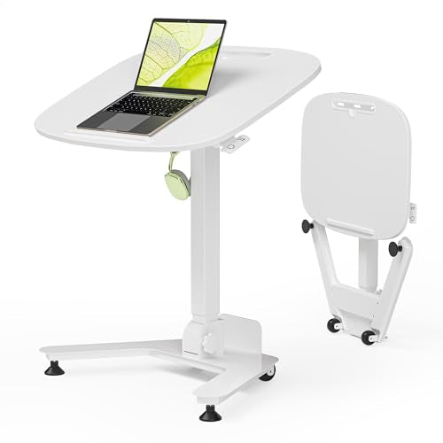 WALKINGDESK Foldable Pneumatic Height Adjustable Mobile Standing Desk with 90° Tiltable Tabletop, 27.2x18.9 Inch Portable Laptop Desk with Wheels, Holds Up to 66.1lbs for Home Office, Study, White - color: White 2, size: 27x19 in