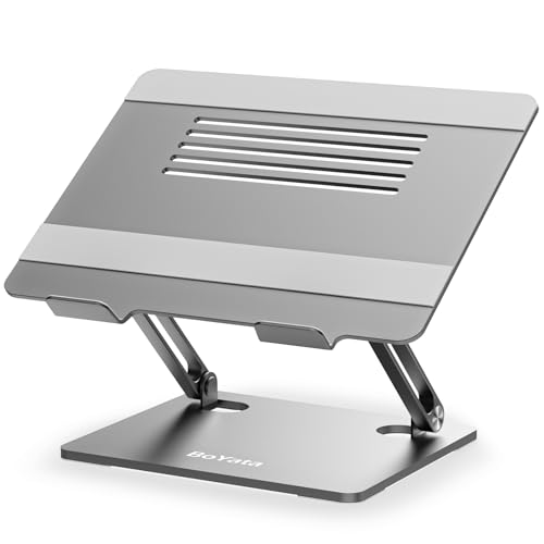 BoYata Laptop Stand, Adjustable Metal Desktop Riser, Up to 15 Inches, Gray | Slide-Proof Silicone Pads and Protective Hooks Provide Stable Support for MacBook, Notebooks and Laptops up to 15 Inches - color: Space Gray