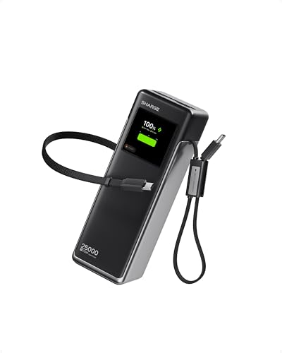 SHARGE Laptop Power Bank 25000mAh, HyperTower 170W Total Fast Charging Portable Charger, 100W USB-C Power Bank with Built-in Cables, High Capacity Travel Battery Pack for MacBook, iPhone17, Galaxy S26 - color: Black