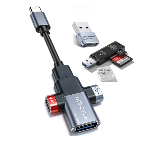 Small USB C HUB for Laptop, USB C Dongle for MacBook Pro, XPS | 60W Fast Charging USB C Docking Station, USB C Splitter for iMac, iPhone 17, XPS. with usb a to c adapter,(HUB+Card Reader)