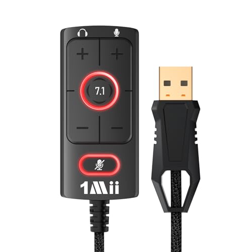 1Mii USB Sound Card, 3.5mm Audio Adapter with Virtual 7.1 for PC/Laptop | Plug and Play No Driver Needed, Control Volume Mute Directly, 6 ft Braided Cable, for Gaming, Meetings and Voice Chat