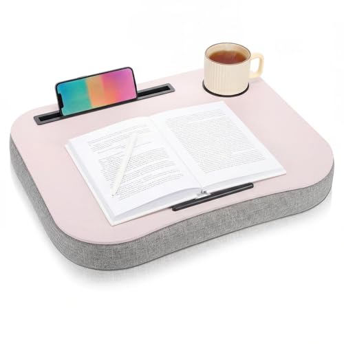 Lewtemi Pink Laptop Lap Desk with Cushion Cup Holder and Stopper Padded and Phone Holder Couch Bed Sofa Fits up to 15.6 Inch Portable Lap Desk for Home Office Study Writing - color: Pink
