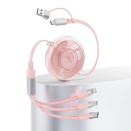 USB C Retractable Multi 5-in-1 USB A/Type C to Lightning/USB C/Micro iPhone Charger Cable,100W Multiple Apple Charging Cord iPhone 15 14 13 12 Pro Max Xs Xr X 8 7Plus SE/Samsung/iPad Pro-Pink - color: pink