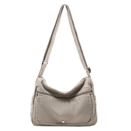 PRAGARI Canvas Messenger Bag for Women Hobo Crossbody Shoulder Bag Vintage Satchel Tote Handbag with Multiple Pockets - color: Grey