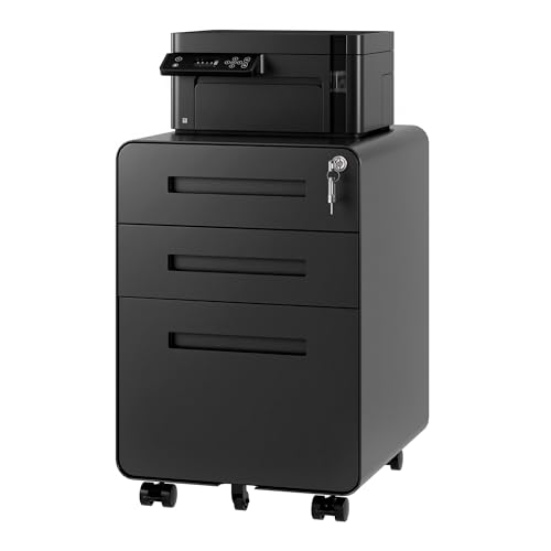 FLEXISPOT 3 Drawer File Cabinet, Mobile Metal Filing Cabinet with Lock,Legal/Letter File Organizer with Wheels for Home Office, Pre-Assembled, Round Corner Design, Black - color: Black, style: Rounded Corner