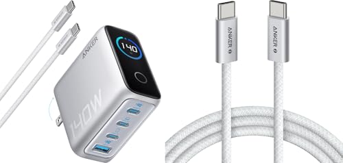 Anker Zolo USB C to USB C Cable, Braided and Dirt-Free Type C Fast Charging Cable, Slim Connector, for iPhone 16 Series, MacBook (240W) (White, 6ft)&140W USB-C Charger, Anker Laptop Charger, 4-Port Mu