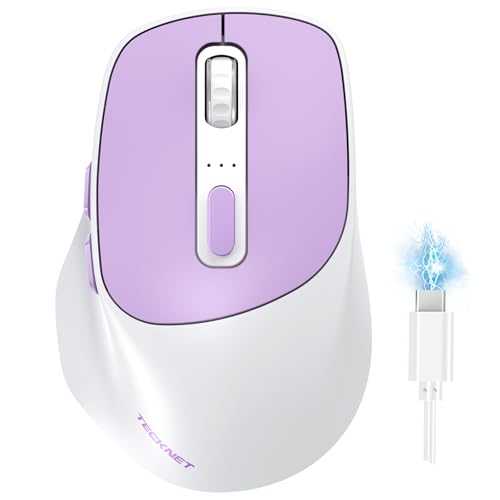 TECKNET Wireless Mouse, BT 5.0/2.4G, Rechargeable Silent 6 Buttons | 3-Device Easy Switch, Bluetooth 5.0/3.0 & USB A, Wide OS Compatible, 6-DPI up to 4800, Ergonomic for M/L Hands - color: Purple and White