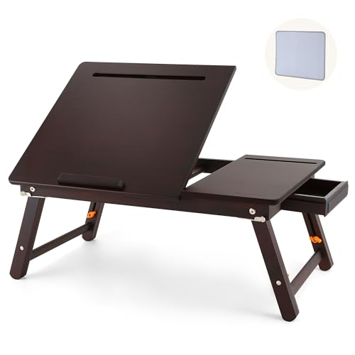 Nnewvante Laptop Desk, Height & Angle Adjustable Lap Desk, Black Walnut | Foldable Bed Table with Drawer, Tablet & Phone Slots, Mouse Pad, For Working Reading Writing Eating - color: Black Walnut, size: 23.6"
