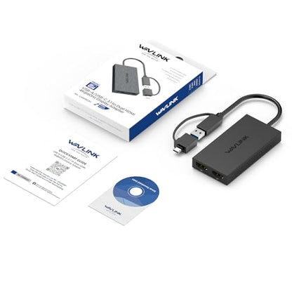 WAVLINK DisplayLink USB A/C to Dual HDMI Adapter 4K@60Hz for 2 Monitors | DisplayLink USB 3.0 & USB C to 2 HDMI Adapter for Dual Monitor, for Mac M1-M5/Neo, Windows, ChromeOS, Ubuntu