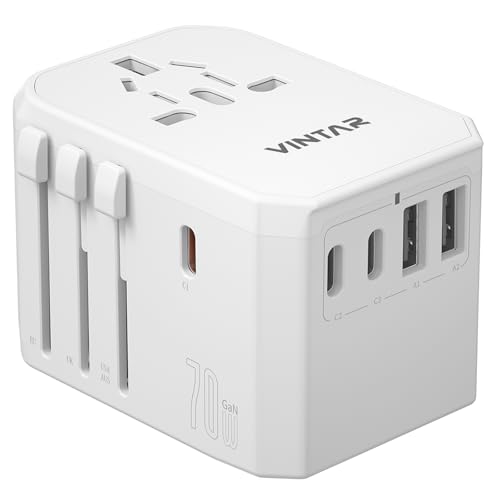 Universal Travel Adapter, VINTAR 70W GaN International Power Adapter with 5 USB Ports (3 USB-C), All-in-one Travel Essentials Plug Adaptor, Travel Adapter Worldwide for UK/EU/USA/AUS, White - color: 70W White1