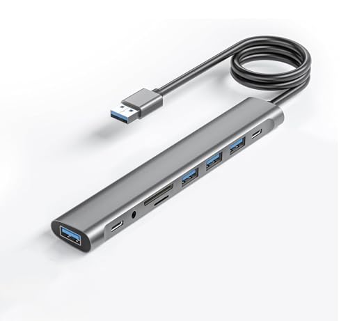 USB Hub Long Cable, 9 Ports USB 3.0 Adapter with 4 USB 3.0 Data Ports,SD/TF Card Slot,3.5mm Jack,USB-C Data,USB Splitter with USB C 5V/3A Power Port, 47IN/120CM Main Cable for Laptop PC - color: 9in1 hub