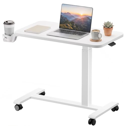 GTPLAYER Mobile Rolling Desk, Adjustable Height Laptop Table, 32 Inch White | Lockable Wheels, Pneumatic Height Lift, Small Standing Desk, Overbed Desk, Bedside Workstation, Portable Laptop Table - color: White, size: Large