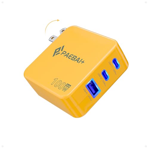 100W USB C Charger Block, 3 Port GaN Foldable Wall Fast Charger | for MacBook Pro, MacBook Air, Dell XPS, iPhone 17 16 Series, Samsung Galaxy, iPad Pro and All USB-C Devices - color: Yellow