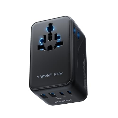 MOMAX 6-in-1 Universal Travel Adapter, GaN 100W International Power Adapter, 2 AC, 2 USB-C PD Fast Charging & 2 USB-A QC, All-in-one International Plug Adapter for Travel European UK AUS JP - color: Black, size: 100W