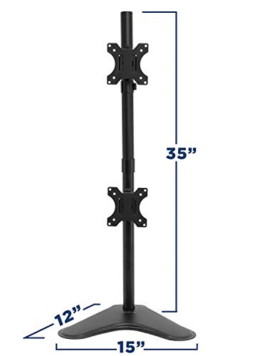 Mount-It! Vertical Dual Monitor Stand, Freestanding Stacked Monitor Mount for 2 Screens 17–32", Height Adjustable, Tilt Swivel Rotate, Portrait or Landscape, Holds 17.6 lbs per Arm, No Desk Clamp Needed