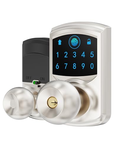 Smart Fingerprint Keyless Entry Door Knob Keypad Electronic Biometric Lock | 20 User Codes 50 Fingerprints Vacation & Passage Mode One-Time Code 2 Keys Auto-lock 2-99s Anti-peep Fits U.S. Standard Door - size: HL-669FK Satin Nickel