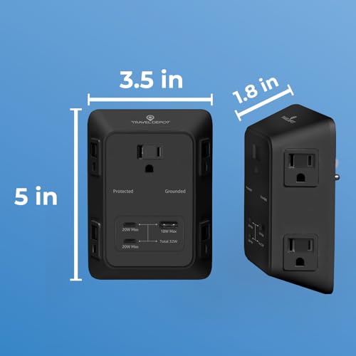PD USB Wall Charger Surge Protector, 5 Outlet, (Black) | Extender 2 USB C & 1 USBA Charging Ports, Fast Charge 3 Sided Power Strip Multi Plug Outlets Wall Adapter for Home Office - color: Black