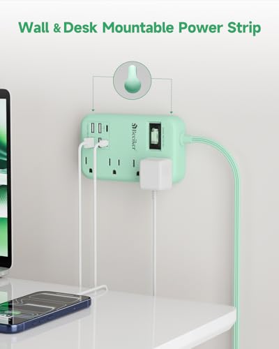 6 USB(2 USB C) Green Travel Power Strip 4 Outlets 5Ft Green Extension Cord | 5FT Green Extension Cord,2 USB C Charging Station,4 Outlets,Cute Desk Accessories,Switch,Kawaii Home Office College Dorm,24W - size: 5 FT(Green-24W USB-980J)