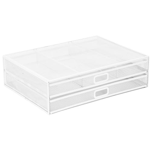 Mount-It! Mesh Computer Monitor Stand Riser [Metal] Desk Organizer with Two Pullout Storage Drawers for Desktop, Laptop, and Printer Accessories and Office Supplies (White) - color: White