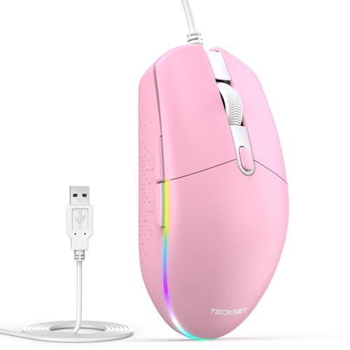 TECKNET Wired Mouse - USB Corded Mouse with RGB Backlit Full Size Optical Silent Mouse with Side Buttons,LED Plug and Play Wired Connection Office Mice for Desktop,PC,Laptop - color: Pink