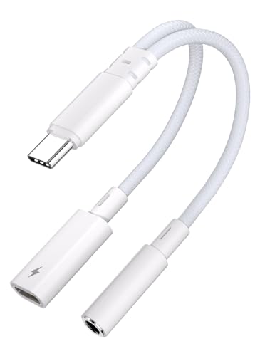 Vcddom USB C to 3.5mm Headphone and Charger Adapter, 2 in 1 Type C to Aux Audio Jack Hi-Res DAC and PD 60W Fast Charging Dongle Cable for iPhone 16/15 Pro Max, Galaxy S25/S24/S23, Google Pixel 8/7 - color: White