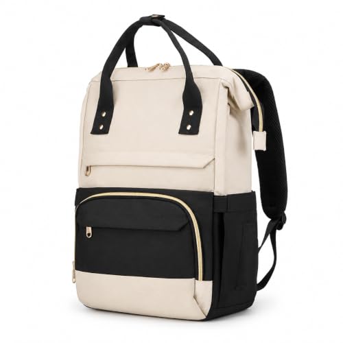 Laptop Backpack for Women, 15.6 Inch Work Backpack Purse with Large Capacity, Water-Resistant Nurse Bag, College Bookbag for School, Casual Travel Daypack, Black and Beige - color: Black and Beige