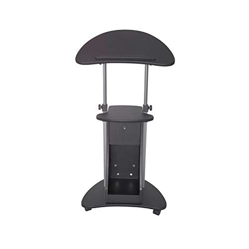 Techni Mobili Adjustable Height Rolling Laptop Cart with Storage, Black | Adjustable height rolling laptop cart with storage, open shelf, wheels, sit‑to‑stand ideal for podium office medical use - color: Black