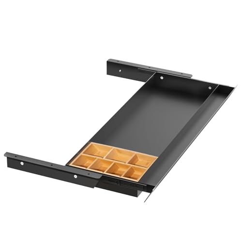 Large Under Desk Mounted Sliding Drawer with Bamboo Tray and 60 Degree Tilt Panel to Pull Out, 30'' Long & 13'' deep Large Storage Organizer for Sit Stand Workstation - color: With Bamboo Tray, size: XXL