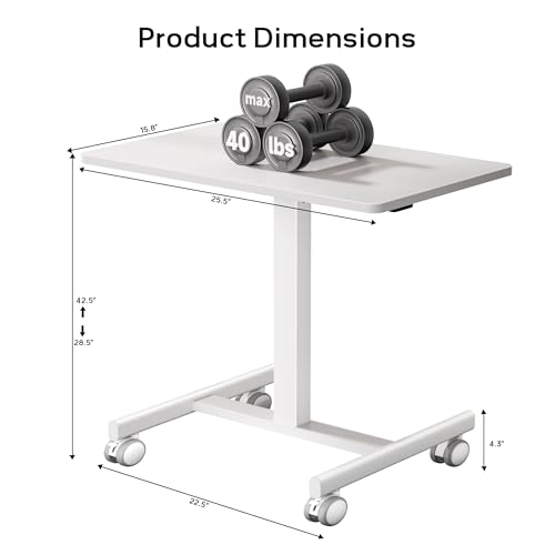 CROWNFURN Mobile Small Standing Rolling Desk Adjustable Height, Portable Laptop Desk on Wheels, Workstation for Home Office with Hook,White