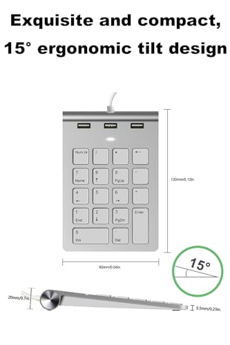 2-in-1 Number Pad & USB Hub with USB-C and USB-A Cables, 15° Ergonomic Wired Numpad with 3 USB 2.0 Ports, 18 Keys Numeric Keypad for Laptop/Desktop/Surface/iPad/Mac/No Adapter Needed USB Number Keypad