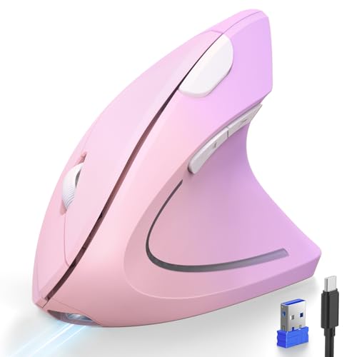 TECKNET Ergonomic Mouse Rechargeable Bluetooth - 4800 DPI Vertical Mice 6 Adjustable Levels, Wireless Optical Carpal Tunnel Mouse Right Hand, Multi Device for Laptop, PC, Computer - Pink Purple - color: Pink Purple