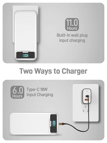 Nusyddy Portable Charger 20000mAh Fast Charging w/Built-in Wall Plug White | 22.5W Fast Charging, High Capacity, LED Display, Charge 5 Devices at once, TSA Approved, Compatible with iPhone/Samsung - color: Pearl