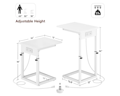 Vagusicc C Shaped End Table with Charging Station, C Table End Table Adjustable Height Sofa Table, Side Table for Couch, Couch Table that Slide Under, TV Tray Arm Table for Living Room,Bedroom, White - color: White, style: Charging Station
