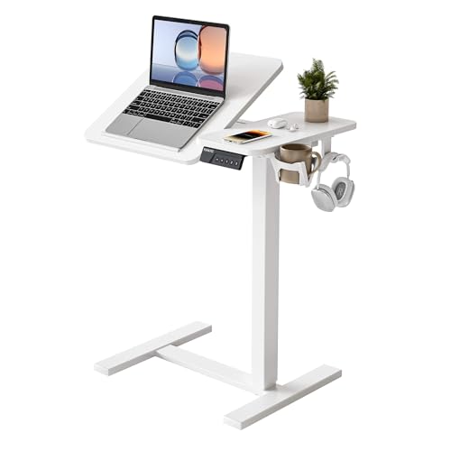 YIHAYO Electric Adjustable Overbed Bedside Table with Wheels, 24 x 16 Inches Mobile Standing Desk, Laptop Desk, Movable Overbed Tables Hospital Home Use, White - color: White Frame/White Top, size: 24*16 Inch