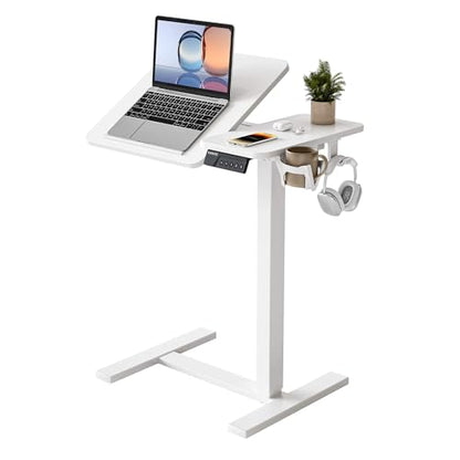 YIHAYO Adjustable Overbed Bedside Table with Wheels, 28 x 16 Inches Electric Mobile Standing Desk, Laptop Desk, Movable Overbed Tables Hospital Home Use, White - color: White Frame/White Top, size: 28*16 Inch