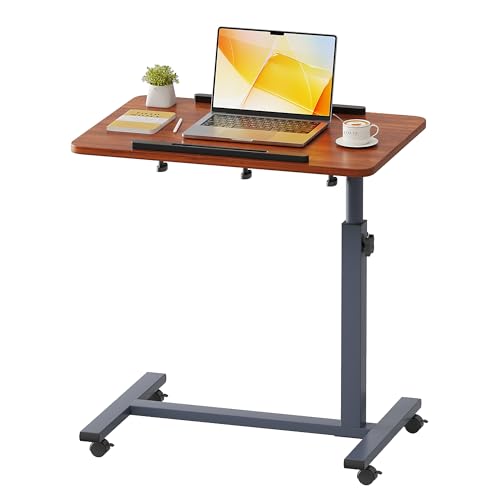 Laptop Table Mobile Adjustable Height Portable Desk Notebook Swivel PC Computer Rolling Desk with Wheels, Laptop Stand for Couch Bedside Hospital Bed Table(Red Walnut)