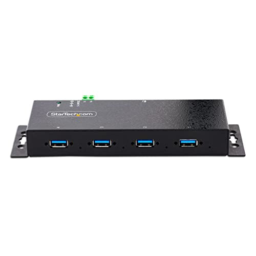 StarTech 4-Port Industrial USB 3.0 Hub 5Gbps, TAA (5G4AINDNP-USB-A-HUB) | 4x USB-A ports, ESD protection, DIN wall and desk mountable, Locking ports, Terminal block 5-24V DC