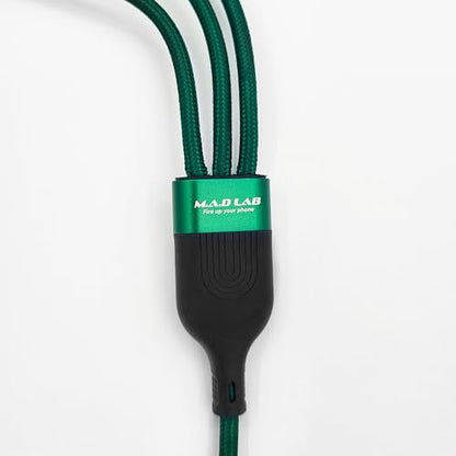 M.A.D LAB 100W USB-C Multi Charging Cable, 3-in-1 Nylon Braided, 4.3 ft | Multi charger cable: USB-C, Lightning and Micro-USB tips; up to 100W fast charge and 480Mbps data via USB-C connector only
