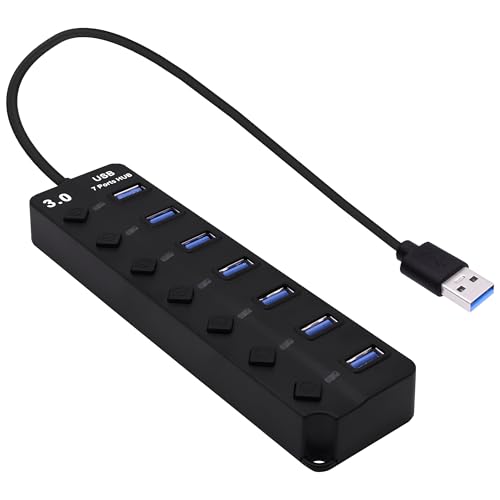 7-Port USB 3.0 Hub Multi Functional 1 to 4 Splitter 5Gbps Data Transfer USB 3.0 Extender with Individual LED Power Switches, for Laptop,PC,Flash Drive,HDD (USB HUB 7 Ports)