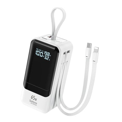 Fast Charging Power Bank 18400mAh 65W Portable Laptop Charger, LCD Display, Travel Essential Battery Pack with Built-in USB-C & Lightning Cables for iPhone 16/15/14/13/12 MacBook Samsung - color: White
