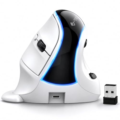 J-Tech Digital Wireless Mouse, Vertical Ergonomic Mouse with Bluetooth Dual Modes + USB Dongle + Rechargeable w/ 2.4GHz Wireless + Adjustable DPI 3200 for Laptop, Desktop, PC, Mac [V638W], White