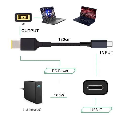 USB-C 100W 20V Input to Rectangular Jack PD Power 65W Output Charge Cable Support QC PD Type-C for Thinkpad X1 Legion Y7000P Laptop (1.8m) - style: Retangled Jack