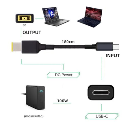USB-C 100W 20V Input to Rectangular Jack PD Power 65W Output Charge Cable Support QC PD Type-C for Thinkpad X1 Legion Y7000P Laptop (1.8m) - style: Retangled Jack