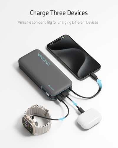 CUKTECH 45W Power Bank 20000mAh, Portable Travel Charger Built-in USB C Cable, Fast Charging Battery Pack for iPhone 16/15/14/13, iPad, Samsung Galaxy, Google Pixel, Android and More (Gray) - color: Gray