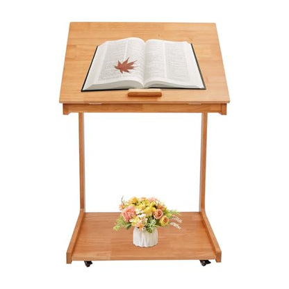 Wooden C-Shaped End Table,Couch Table with Adjustable Tilt Top,Small Rolling Side Table w/Lockable Wheels, Side Table for Couch, Bedroom
